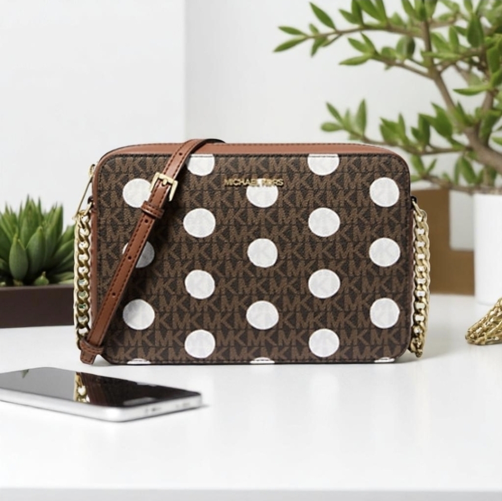 MICHAEL KORS Jet Set Large POLKA DOT Logo Crossbody Bag Luggage NWT